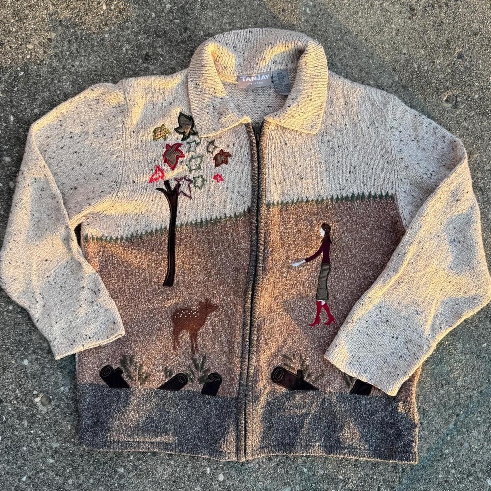 Vintage 90s TanJay Nature Scene Sweater Zip Up Embroidered Deer Woman M